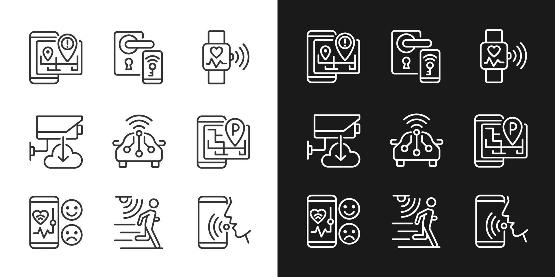 Internet of things pixel perfect light and dark theme color icons set. Wireless technology. IoT appliance. Simple filled line drawings. Bright cliparts on white and black. Editable stroke vector