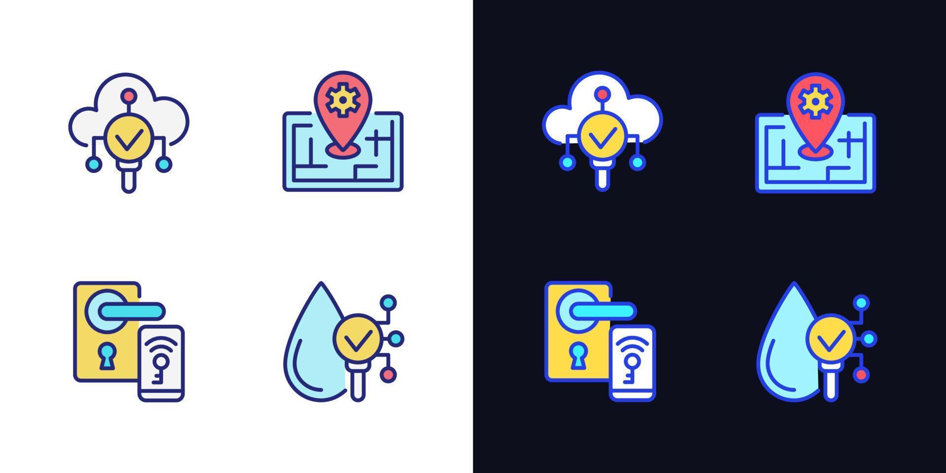 IoT technologies pixel perfect light and dark theme color icons set. Remote lock access. Internet of Things. Simple filled line drawings. Bright cliparts on white and black. Editable stroke vector
