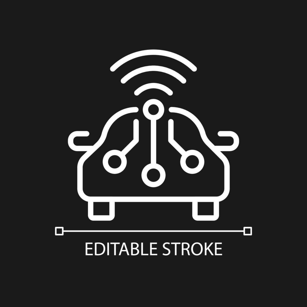 Smart car pixel perfect white linear icon for dark theme. Remote access to automobile control. Thin line illustration. Isolated symbol for night mode. Editable stroke. vector