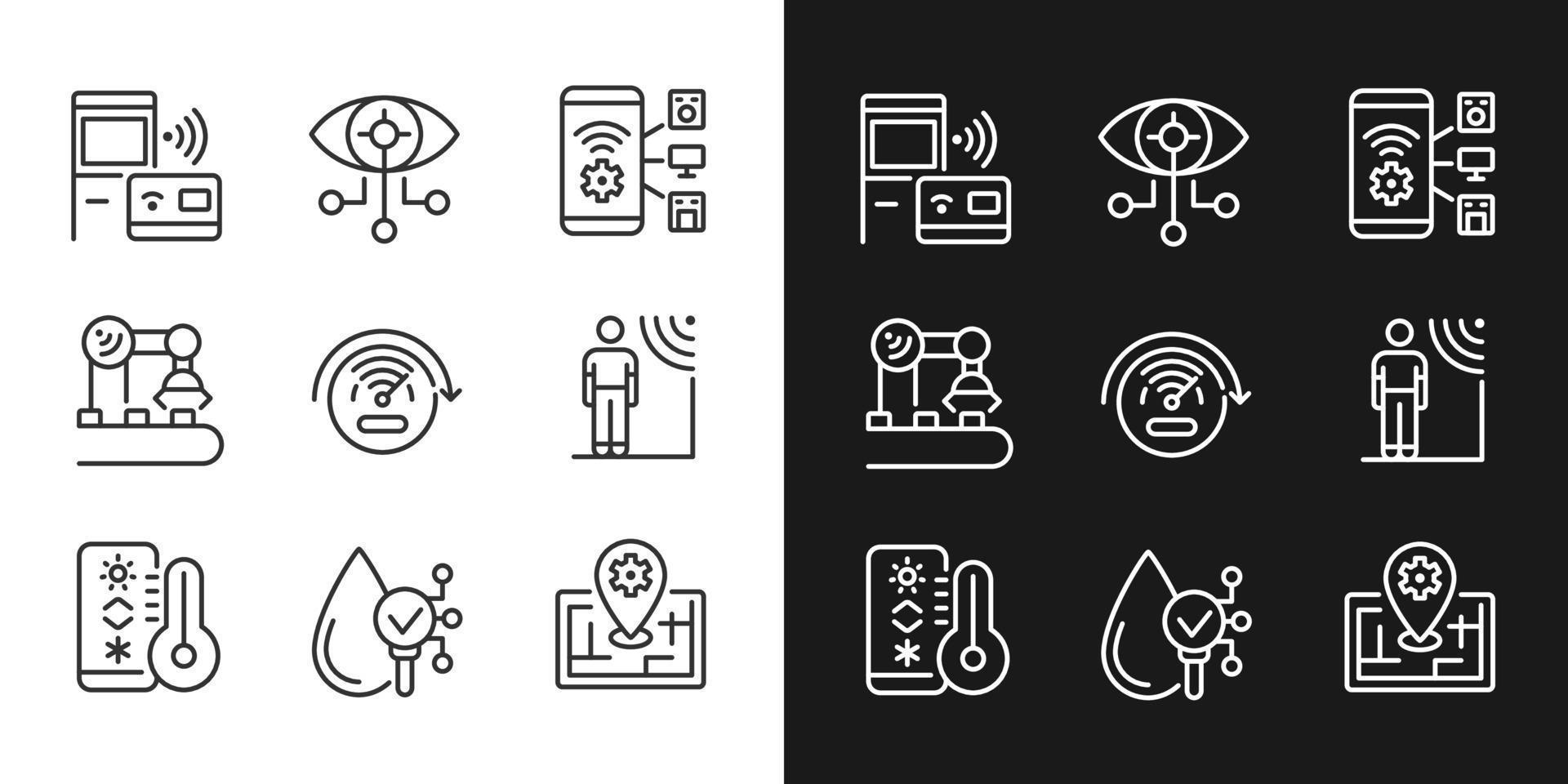 Innovative technology pixel perfect light and dark theme color icons set. Wireless access. Internet of Things. Simple filled line drawings. Bright cliparts on white and black. Editable stroke vector