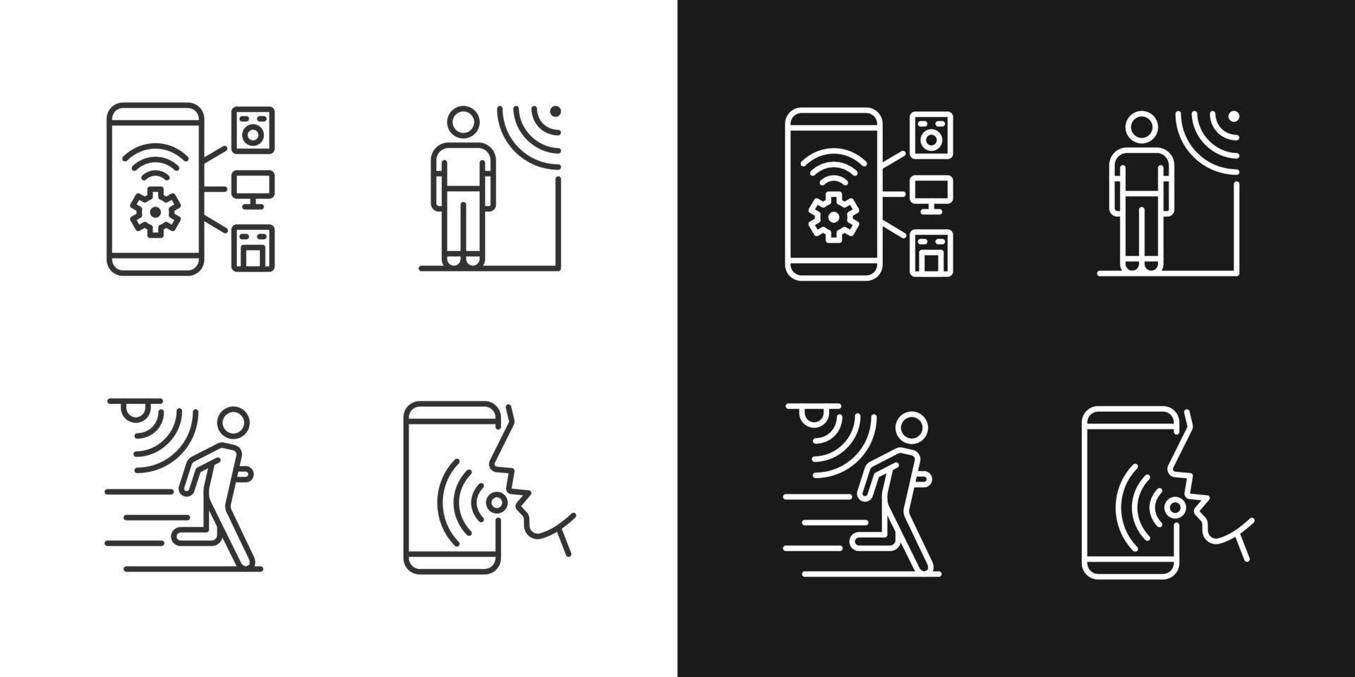 Sensor technology pixel perfect light and dark theme color icons set. Mobile application for remote control. Simple filled line drawings. Bright cliparts on white and black. Editable stroke vector