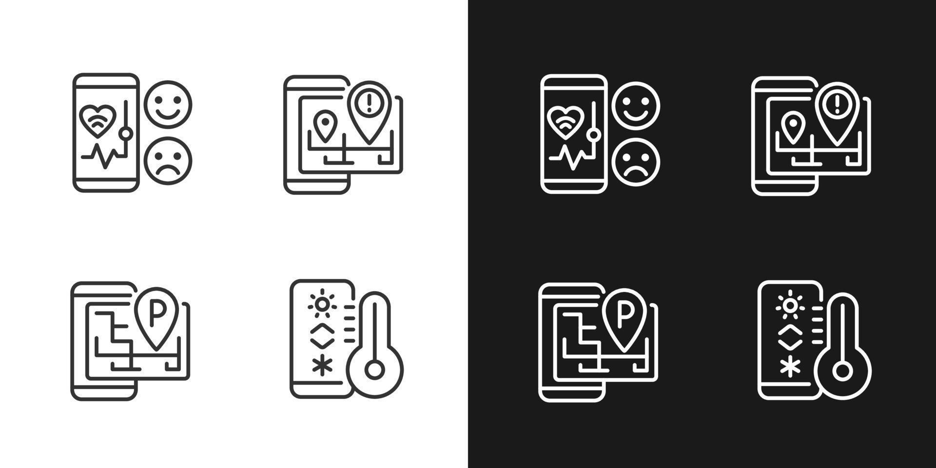 Mobile applications pixel perfect light and dark theme color icons set. Healthcare service. Internet of Things. Simple filled line drawings. Bright cliparts on white and black. Editable stroke vector