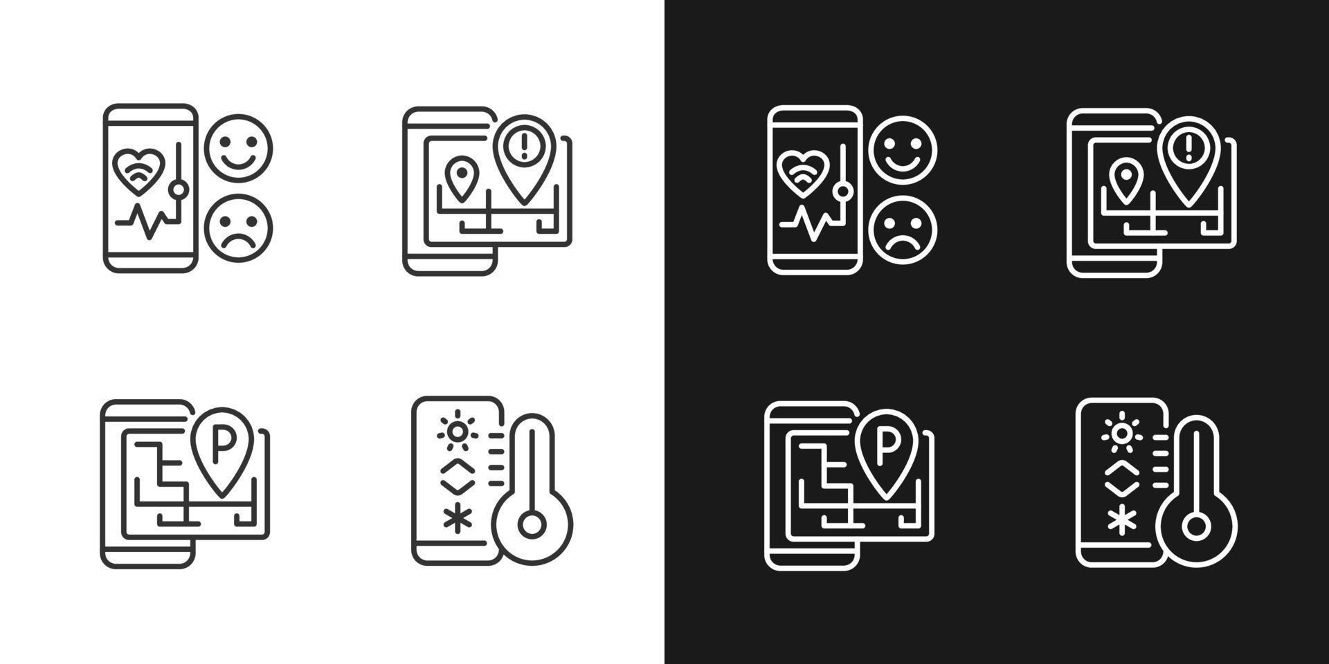 conjunto de iconos de color de tema claro y oscuro de píxeles perfectos para aplicaciones móviles. servicios de salud. Internet de las Cosas. dibujos simples de líneas rellenas. cliparts brillantes en blanco y negro. trazo editable vector