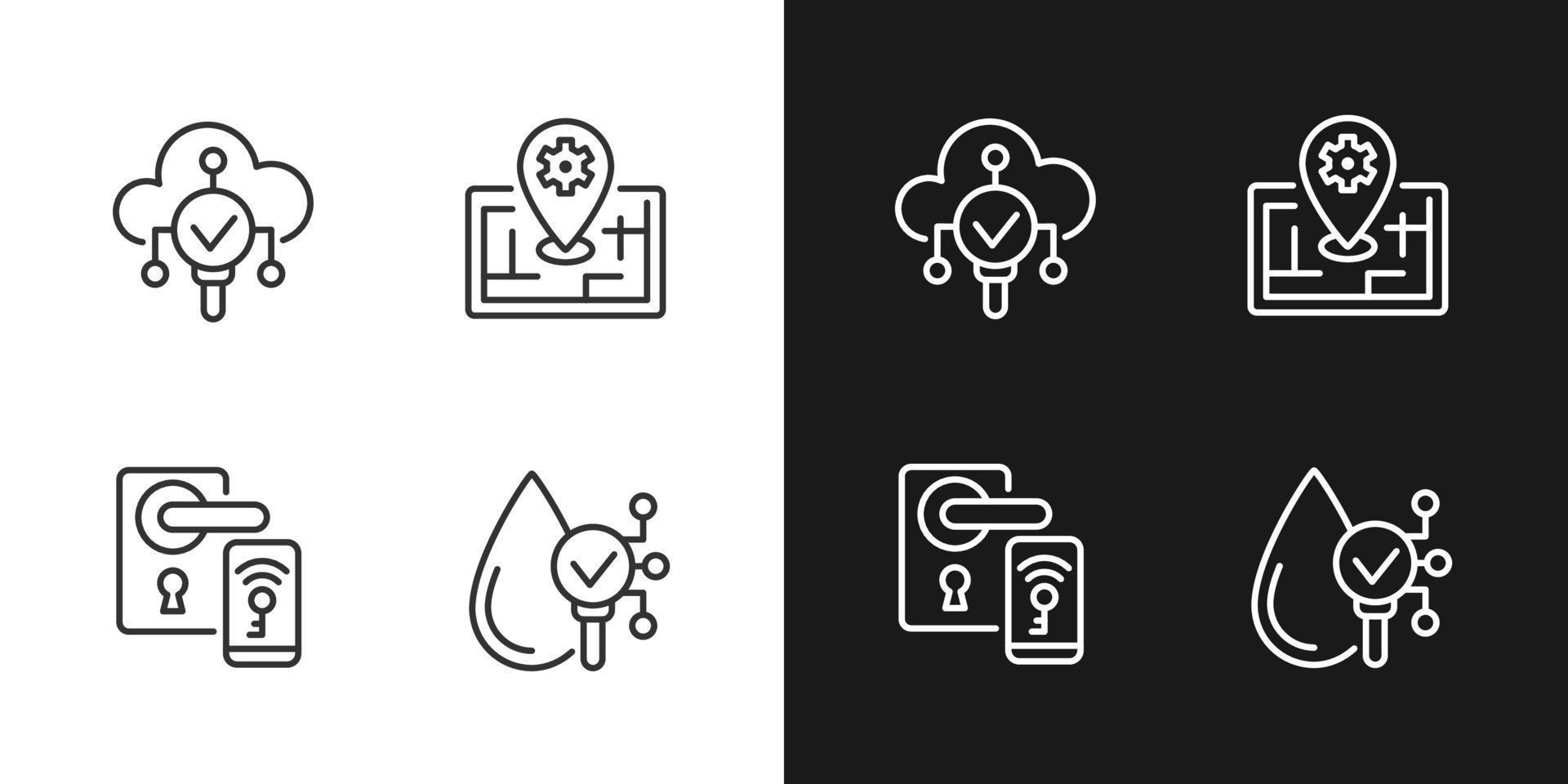 IoT technologies pixel perfect light and dark theme color icons set. Remote lock access. Water proof device. Simple filled line drawings. Bright cliparts on white and black. Editable stroke vector