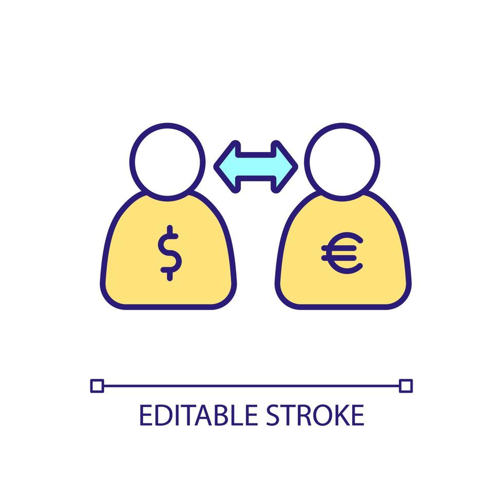 Foreign currency exchange RGB color icon. Banking procedure. Dollar to euro. Money conversion. Isolated vector illustration. Simple filled line drawing. Editable stroke.