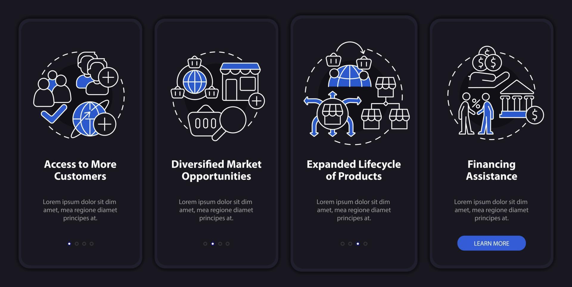 Export business advantages night mode onboarding mobile app screen. Walkthrough 4 steps graphic instructions pages with linear concepts. UI, UX, GUI template. vector