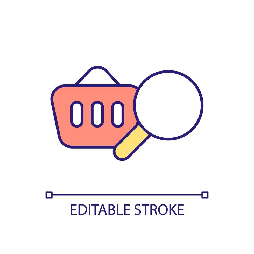 Searching for product RGB color icon. Online shopping. Purchasing cart. Buying goods on internet. Isolated vector illustration. Simple filled line drawing. Editable stroke.