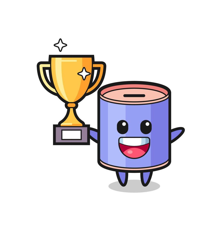 Cartoon Illustration of cylinder piggy bank is happy holding up the golden trophy vector