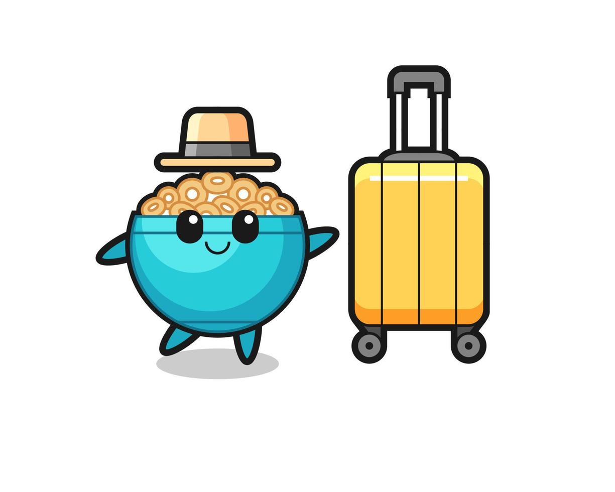 cereal bowl cartoon illustration with luggage on vacation vector