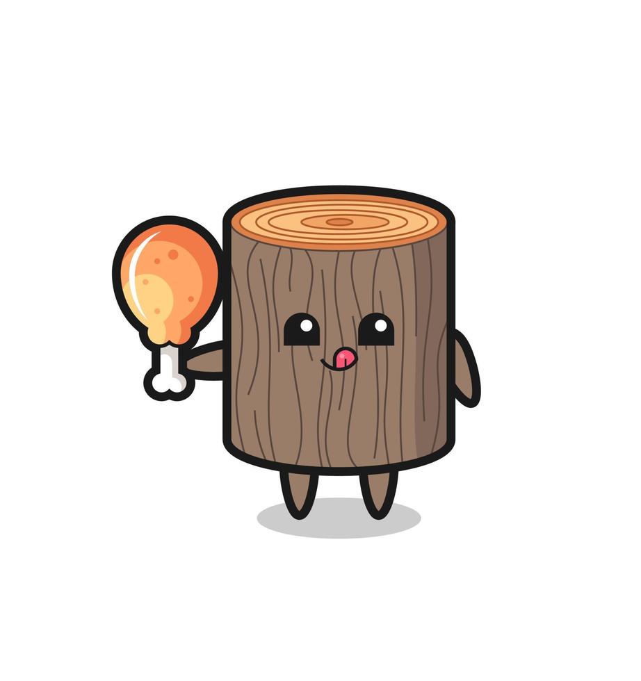 tree stump cute mascot is eating a fried chicken vector