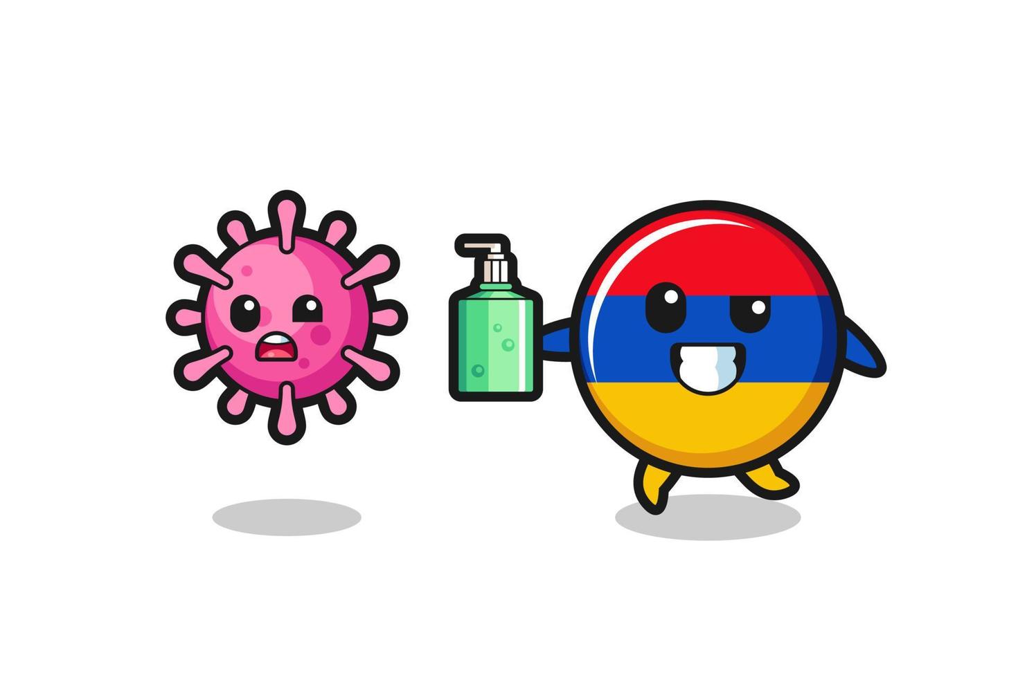 illustration of armenia flag character chasing evil virus with hand sanitizer vector