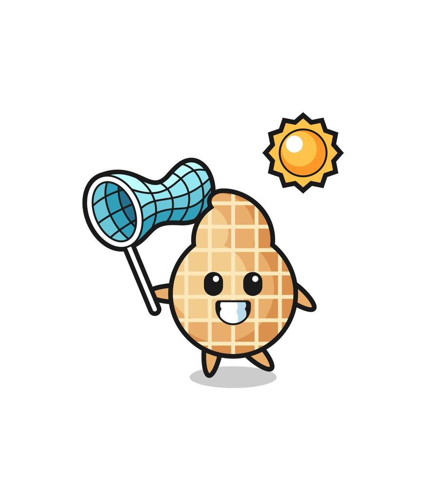 peanut mascot illustration is catching butterfly vector