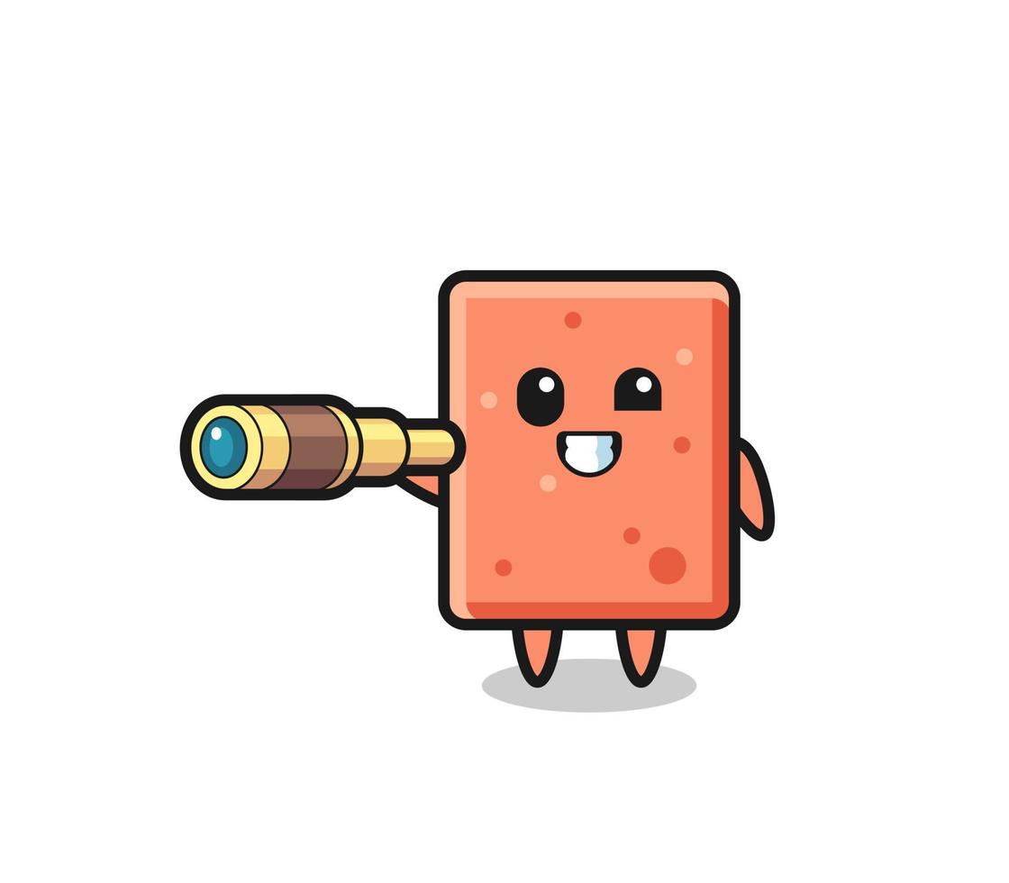 cute brick character is holding an old telescope vector