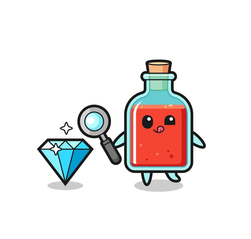 square poison bottle mascot is checking the authenticity of a diamond vector