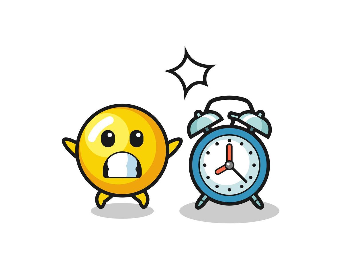 Cartoon Illustration of egg yolk is surprised with a giant alarm clock vector