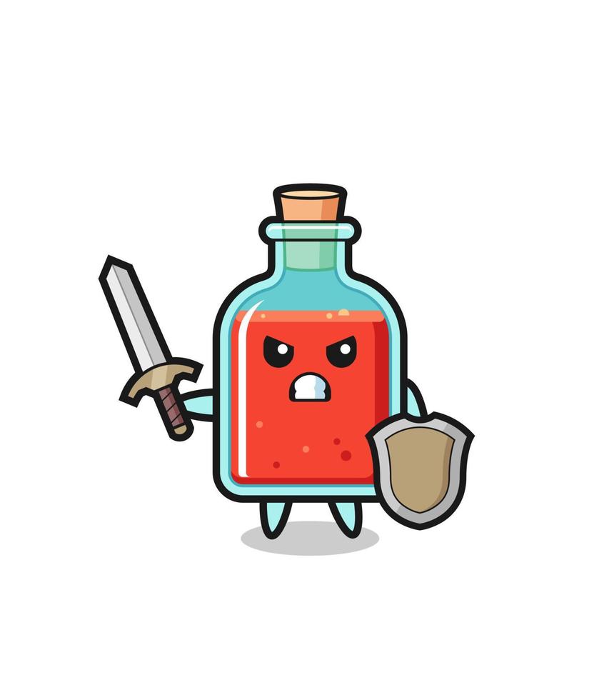 cute square poison bottle soldier fighting with sword and shield vector