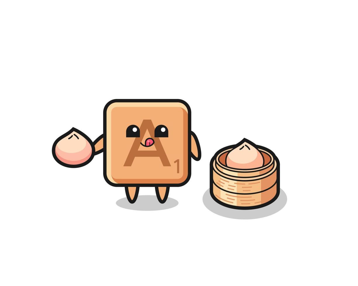 cute scrabble character eating steamed buns vector