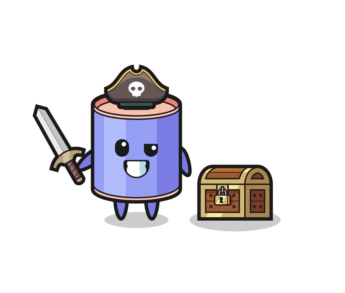 el personaje pirata de la alcancía del cilindro que sostiene la espada al lado de una caja del tesoro vector