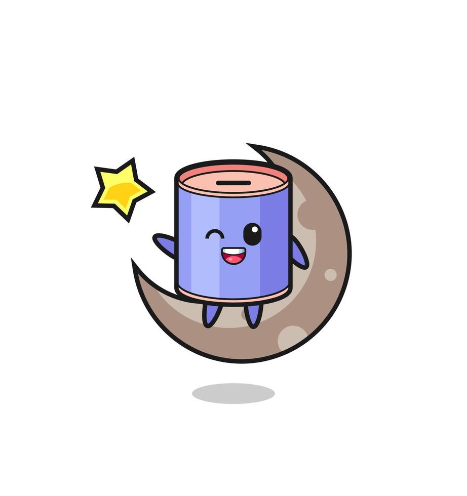 illustration of cylinder piggy bank cartoon sitting on the half moon vector