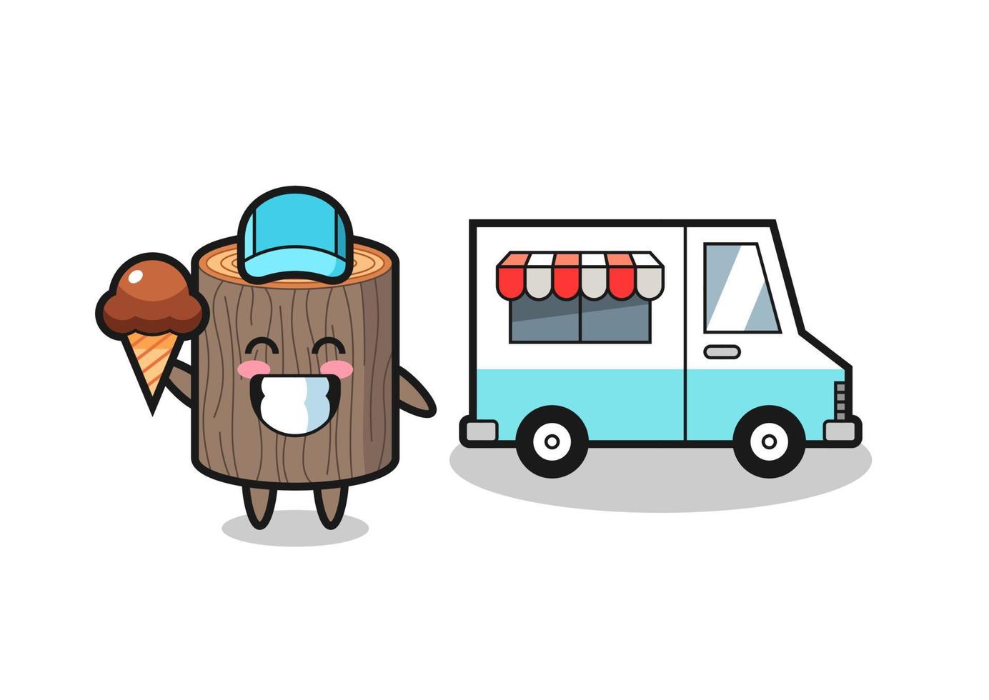 caricatura de mascota de tocón de árbol con camión de helados vector