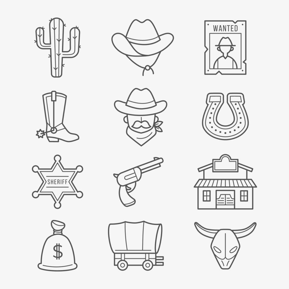 conjunto de iconos de línea delgada de vaquero vector