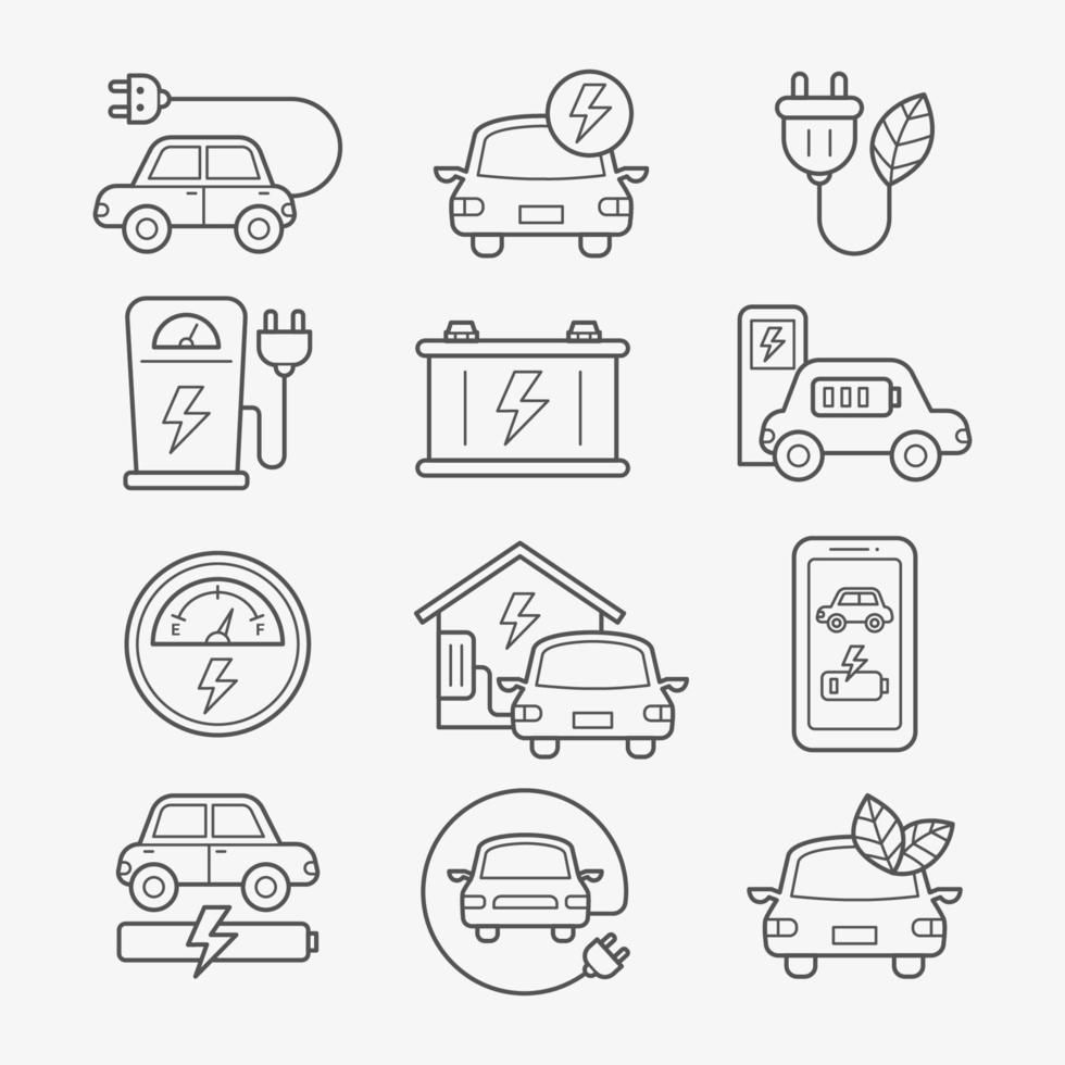 conjunto de iconos de coche eléctrico de línea delgada vector