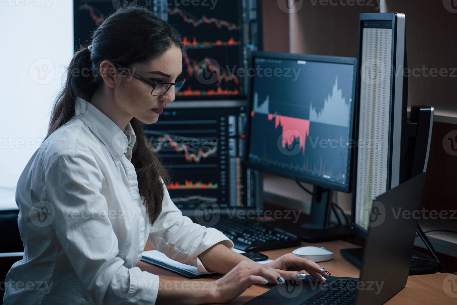 Serious businesswoman. Woman working online in the office with multiple computer screens in index charts photo