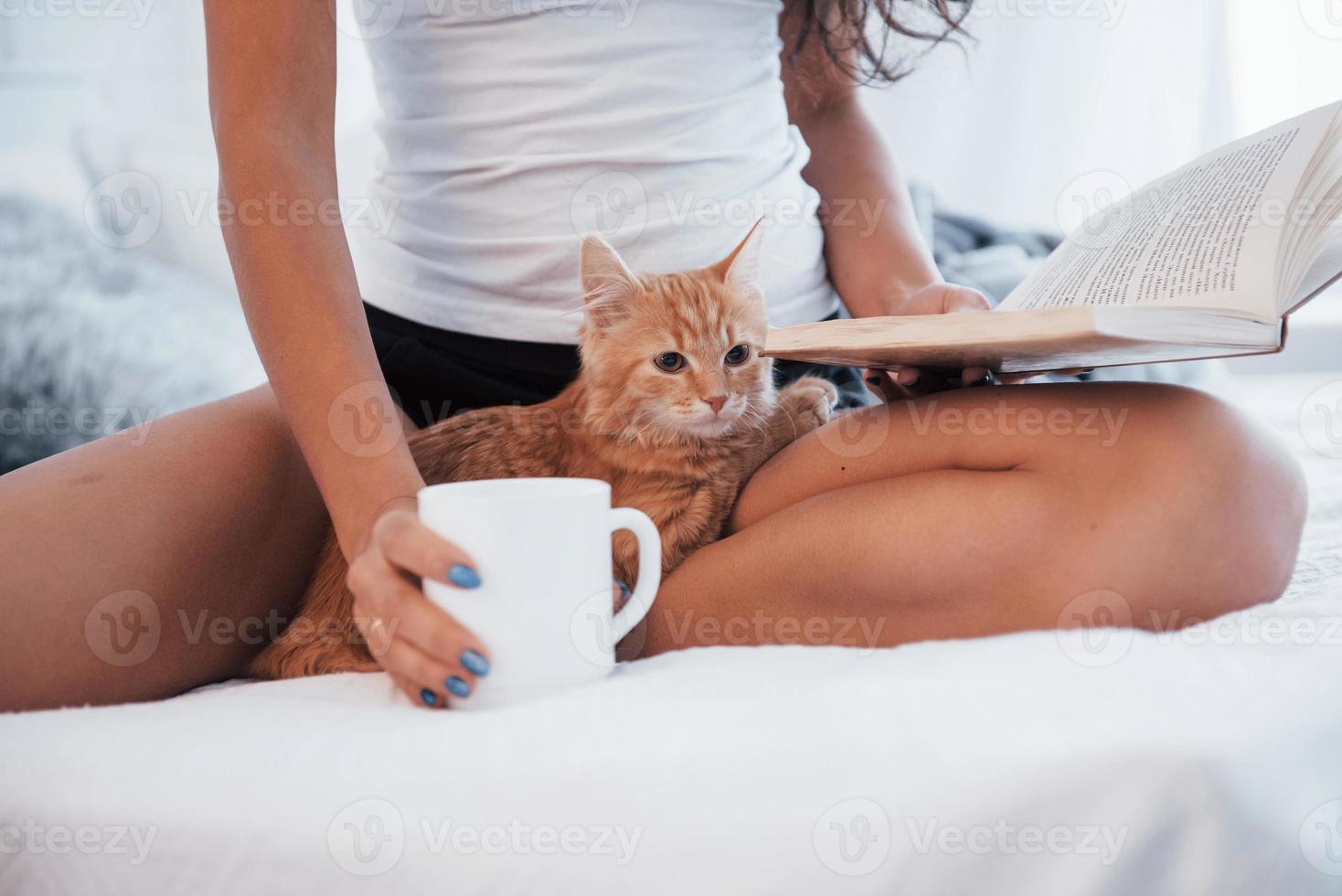 vista de cerca rubia atractiva descansando en la cama blanca con su lindo gatito foto