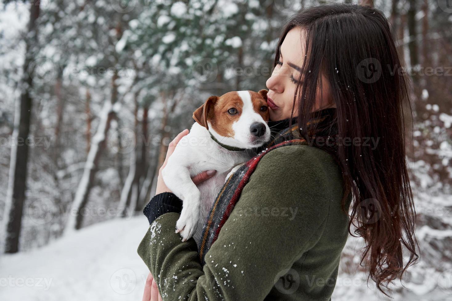 besando a la mascota mientras lo sostiene en las manos. morena sonriente divirtiéndose mientras camina con su perro en el parque de invierno foto