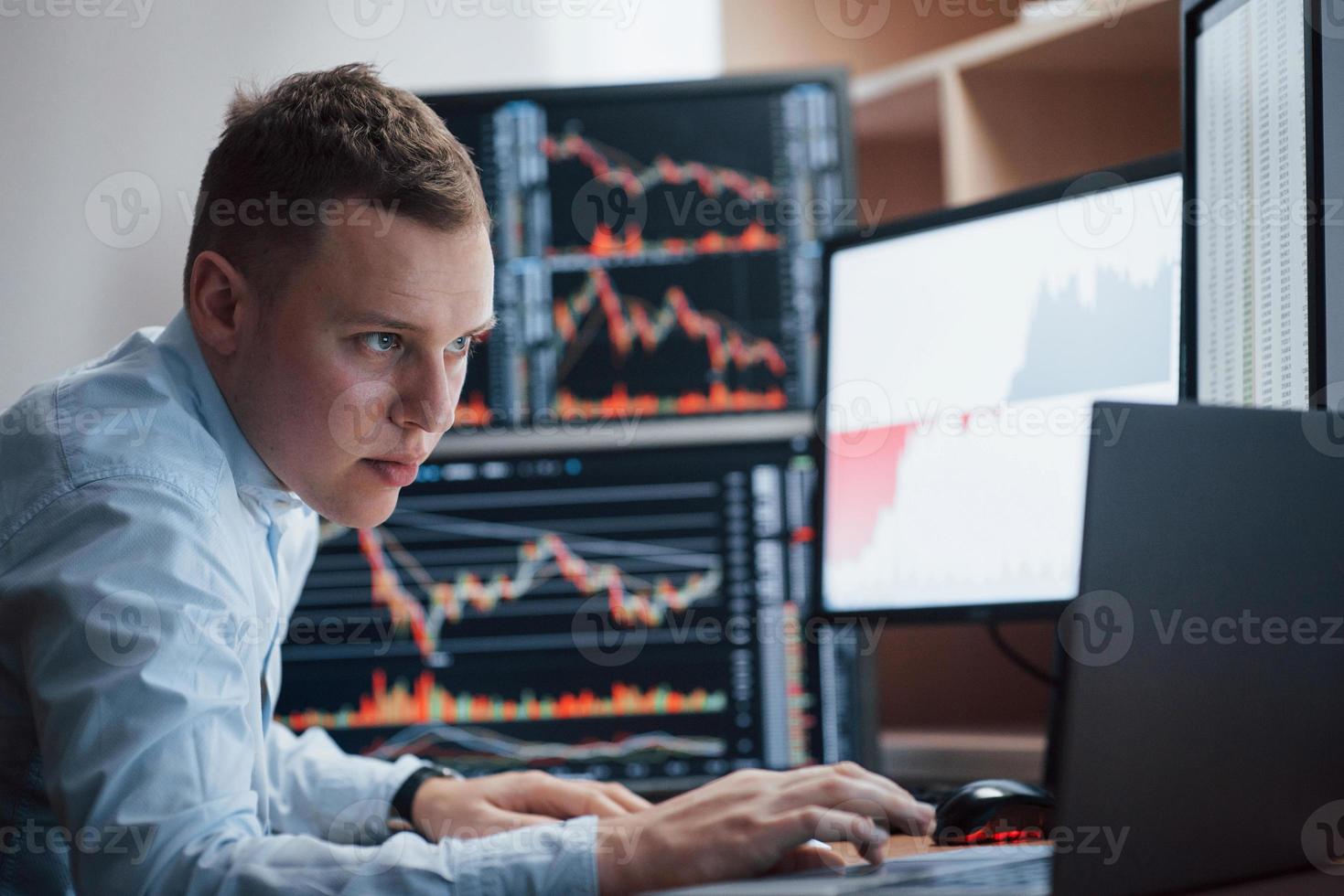 Thinks what to do next. Man working online in the office with multiple computer screens in index charts photo