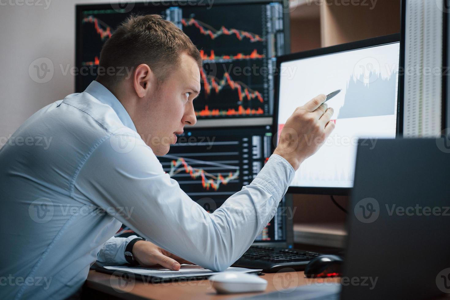 Making notifications of the project. Man working online in the office with multiple computer screens in index charts photo