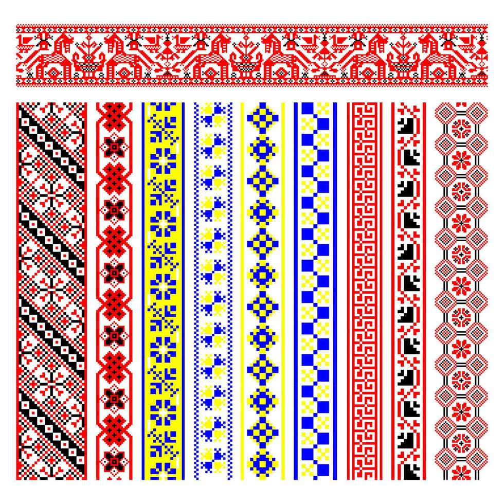 conjunto de patrón pixelizado vyshyvanka patrón tradicional ucraniano sin fisuras ornamento eslavo vector