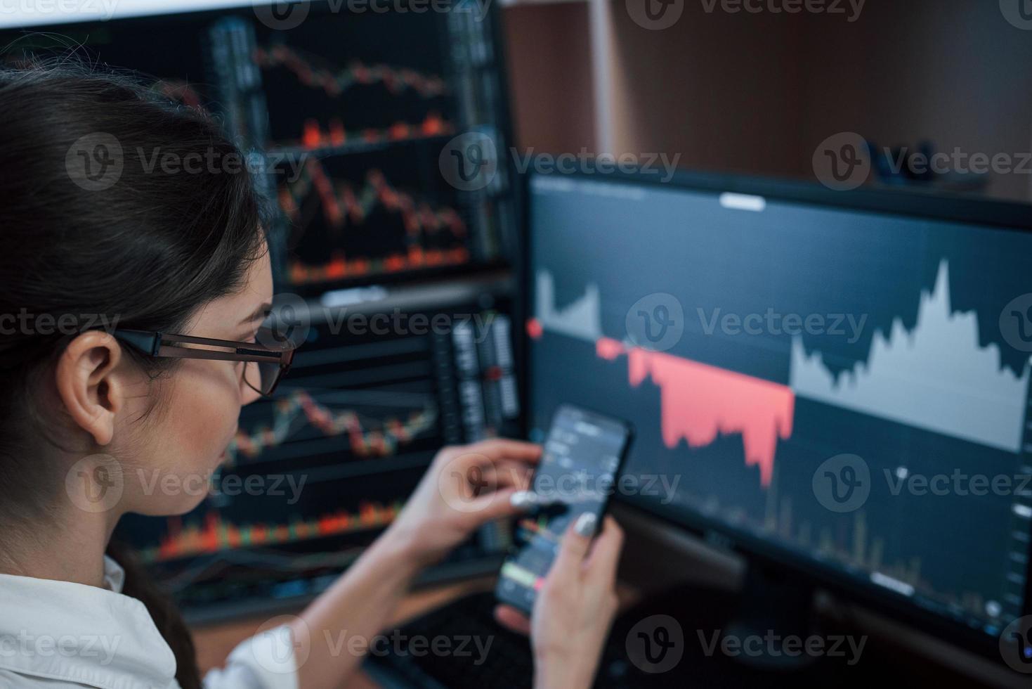In eyeglasses. Woman working online in the office with multiple computer screens in index charts photo