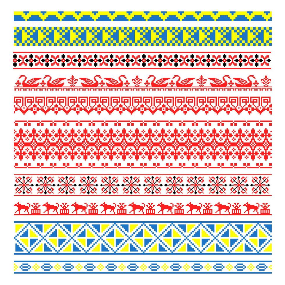 Set of Pixelized pattern Vyshyvanka Traditional Ukrainian Seamless Pattern slavic ornament vector