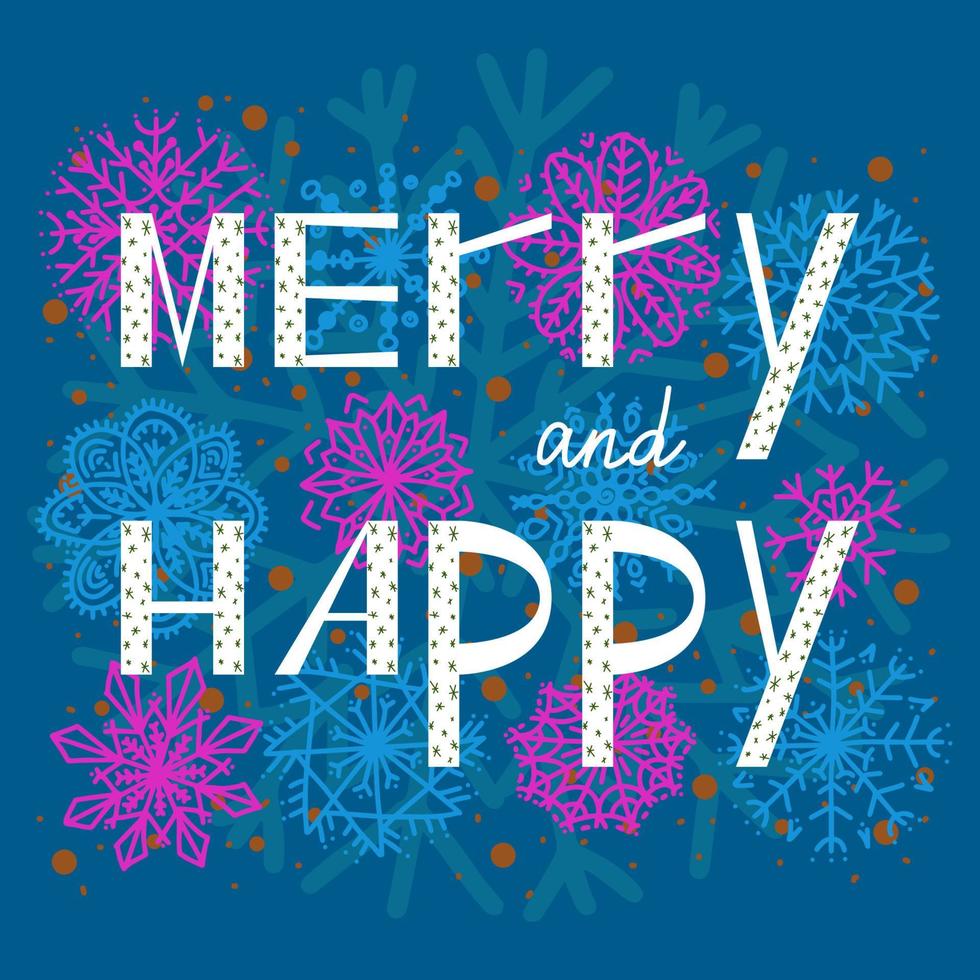 happy and marry with snowflakes greeting post card vector