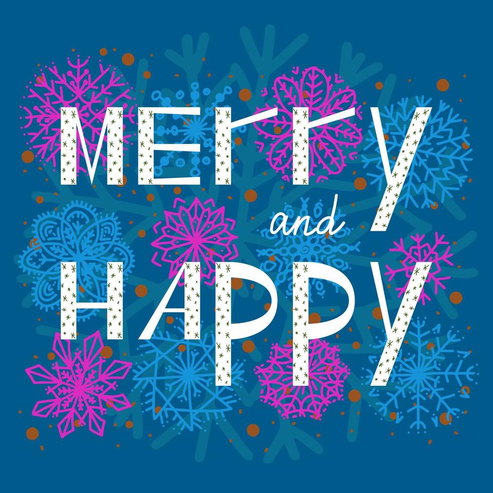 happy and marry with snowflakes greeting post card vector