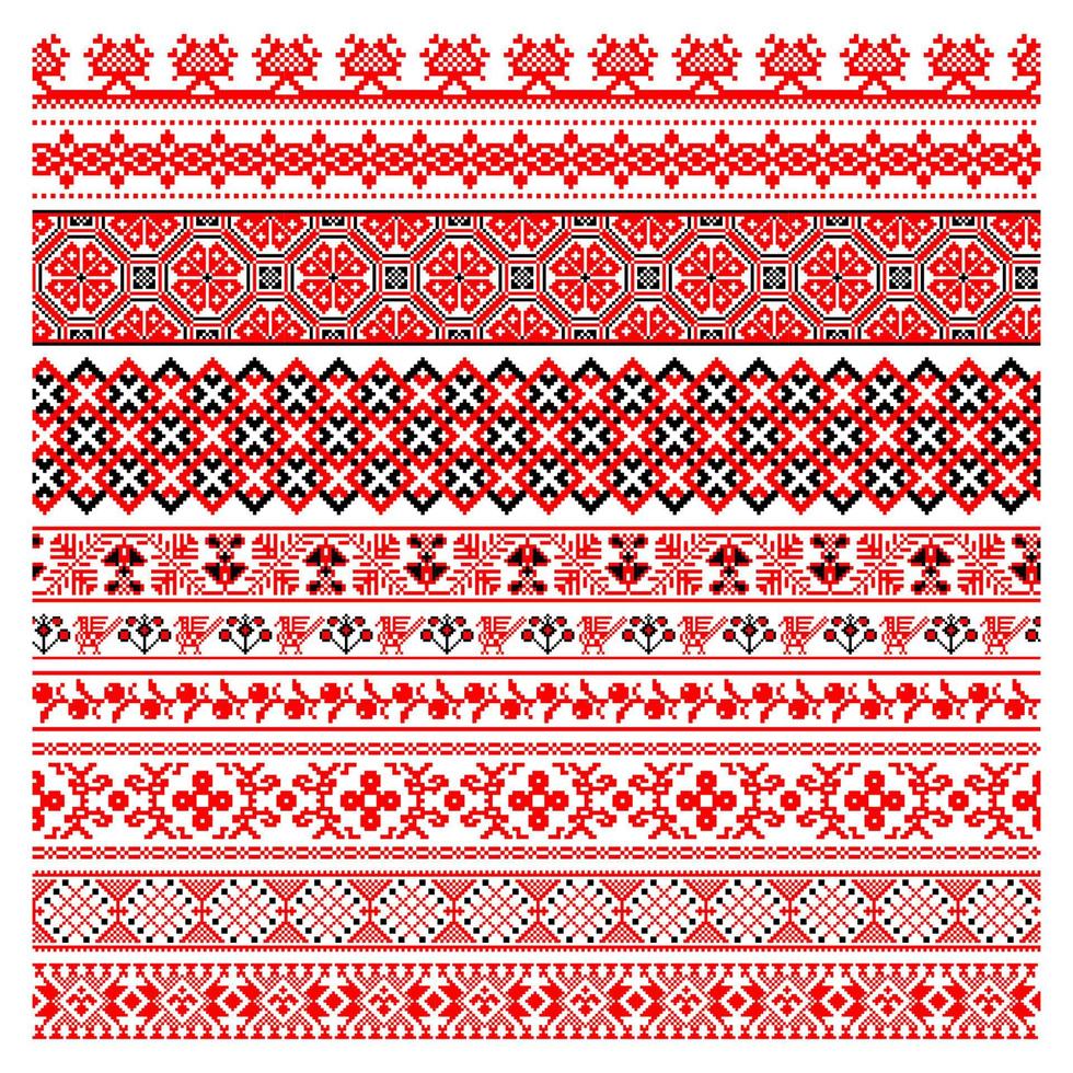 Set of Pixelized pattern Vyshyvanka Traditional Ukrainian Seamless Pattern slavic ornament vector