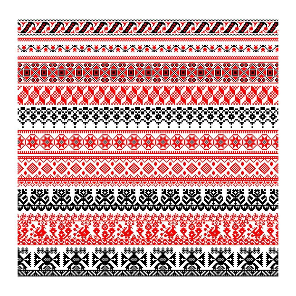 Set of Pixelized pattern Vyshyvanka Traditional Ukrainian Seamless Pattern slavic ornament vector