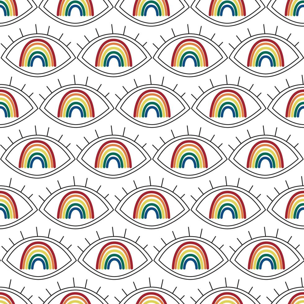 Simple minimalist eyes with rainbow. Mystic symbol in the eye seamless pattern. Eyeball vector illustration design. Repeatable pattern textile