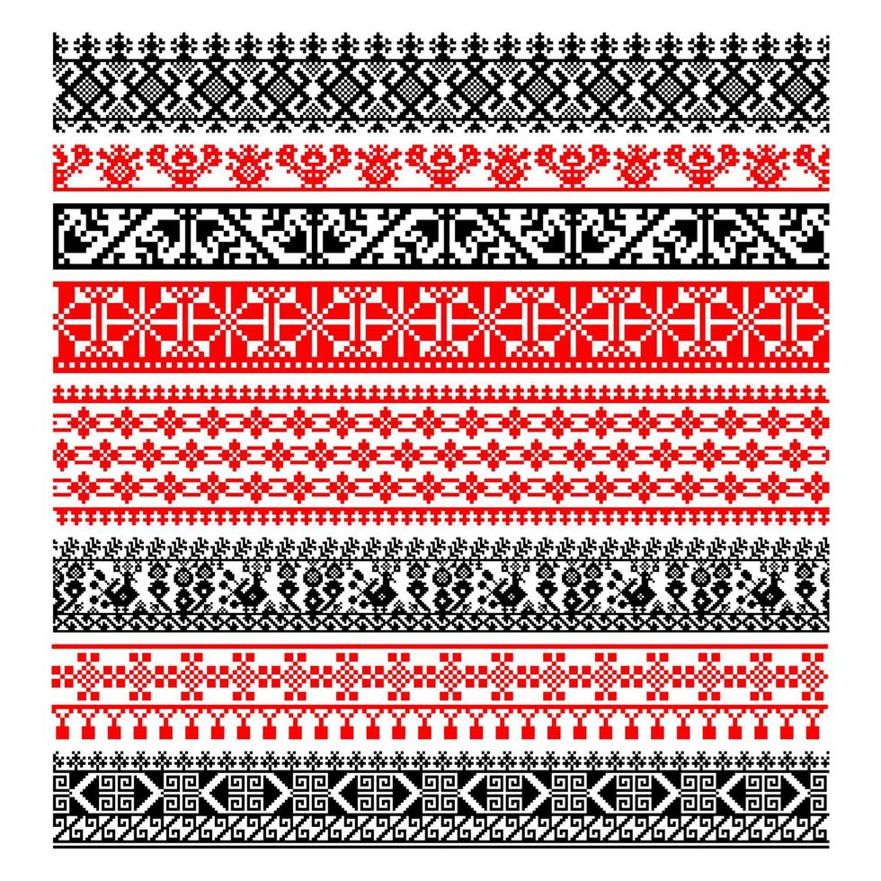 Set of Pixelized pattern Vyshyvanka Traditional Ukrainian Seamless Pattern slavic ornament vector