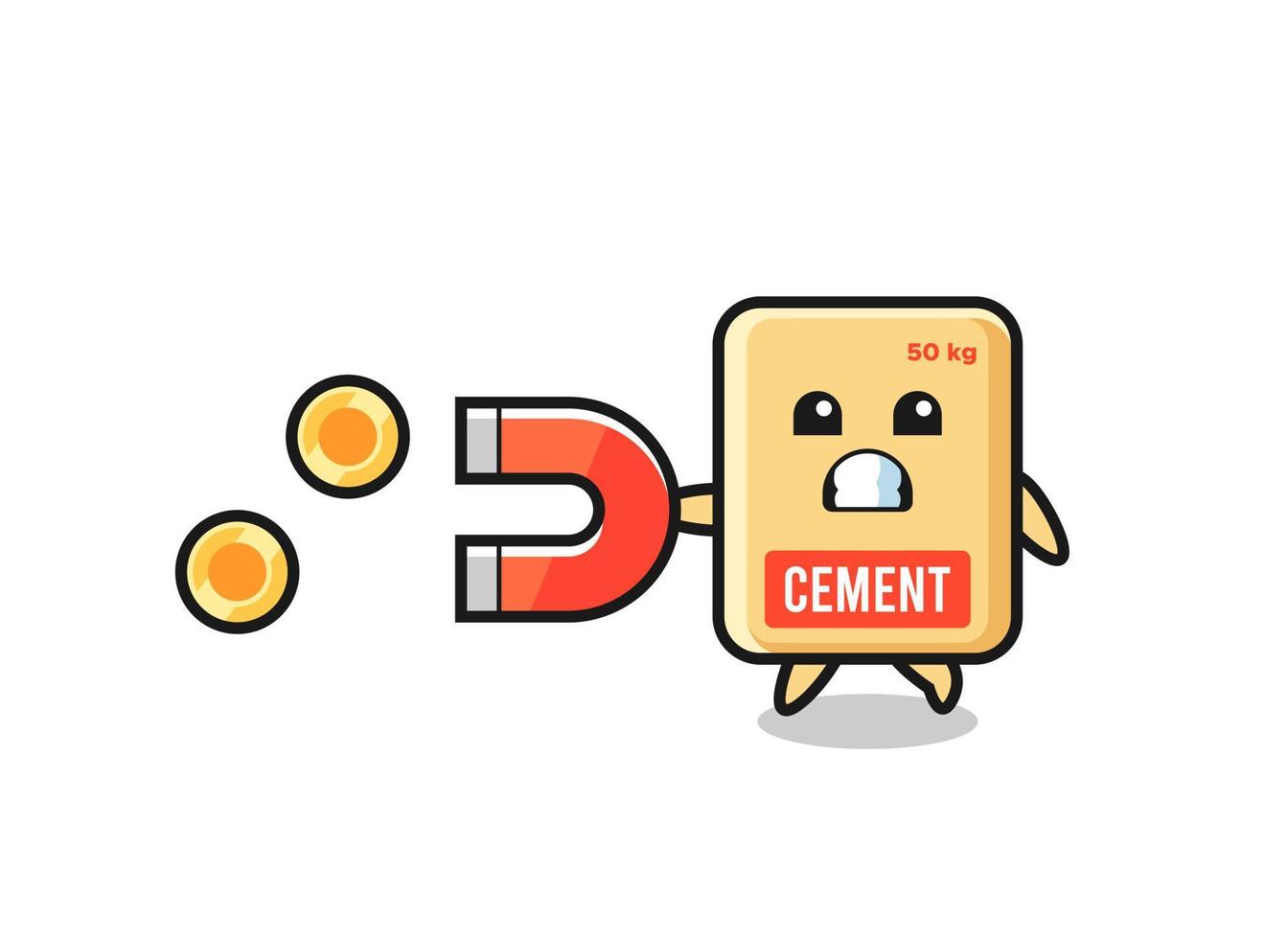 the character of cement sack hold a magnet to catch the gold coins vector