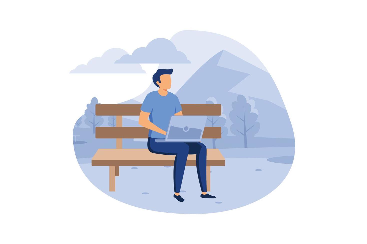 Handsome man is working at his laptop. Modern office interior with work process icons on the background. Vector illustration.