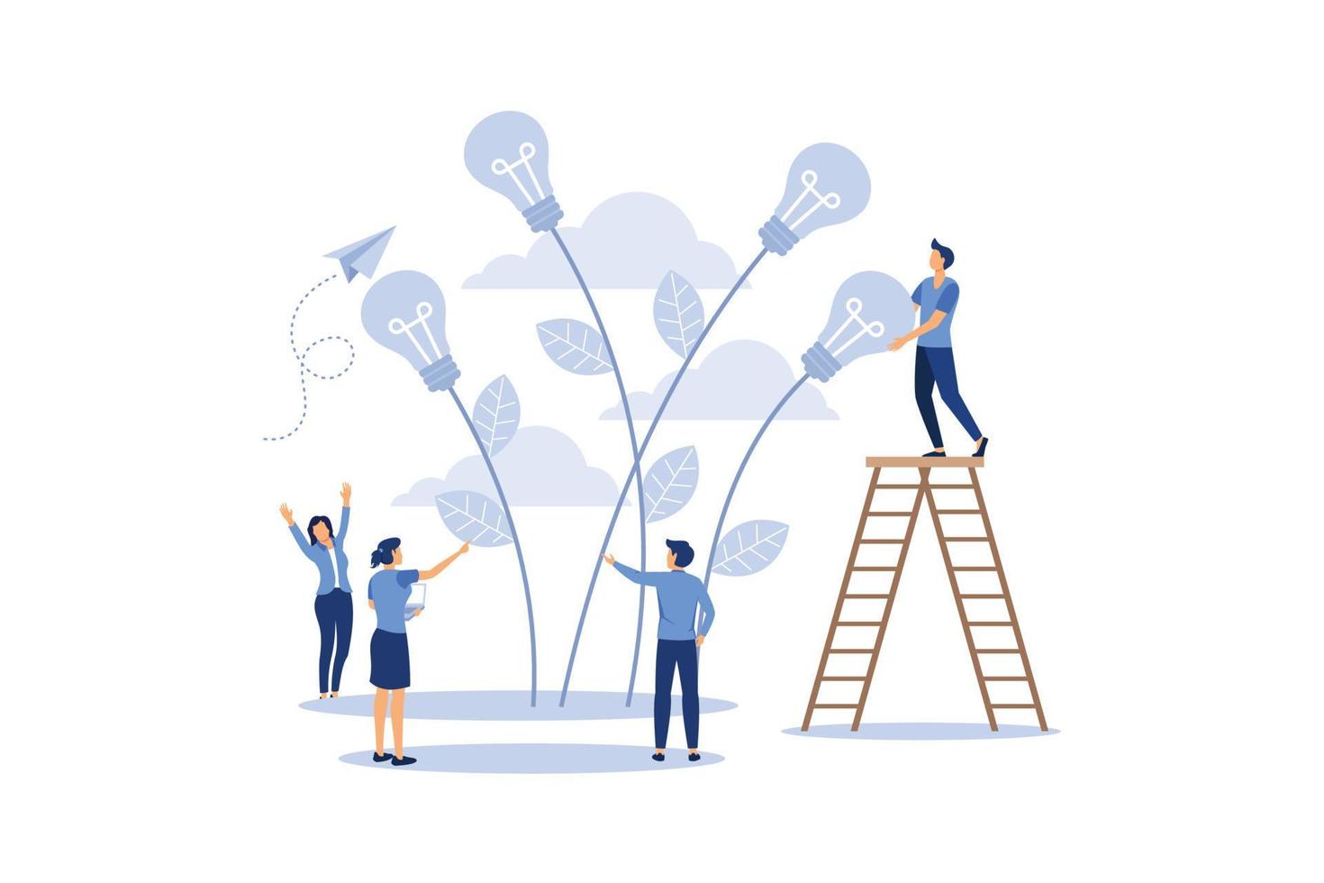 vector illustration. people grow potted plants, a metaphor for the birth of a creative idea. business concept analysis. graphic design idea of project activity