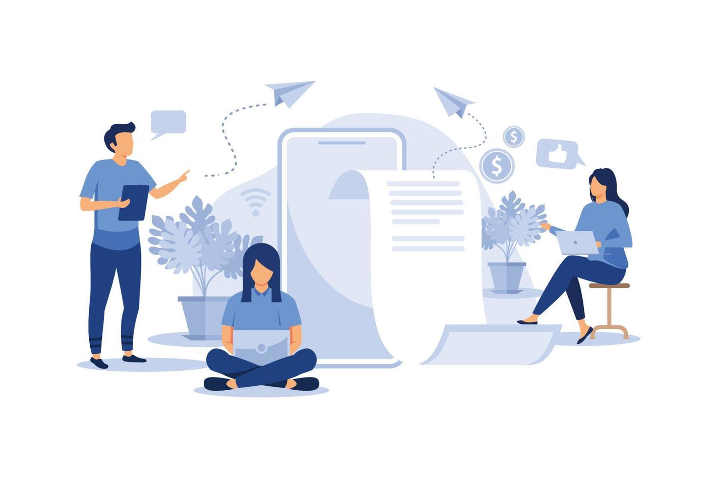 vector creative illustration, online news, social networks, virtual communication, information search, company news