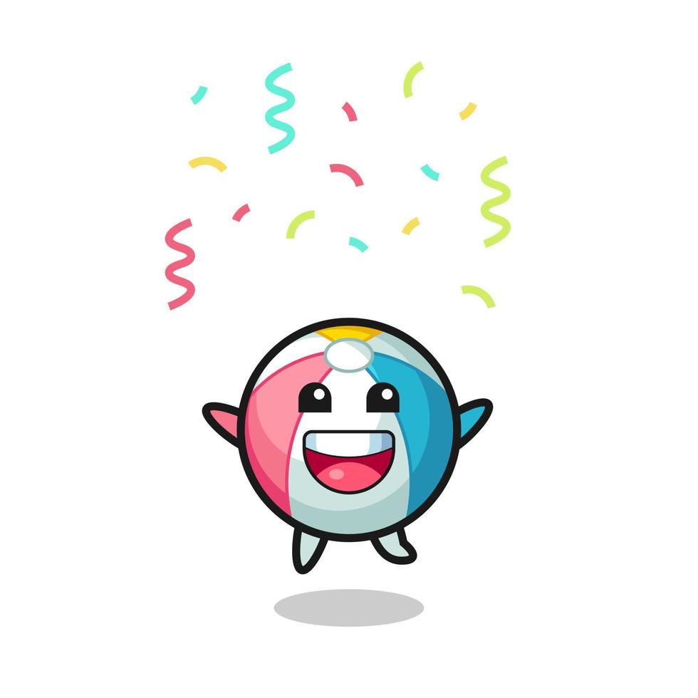 mascota de pelota de playa feliz saltando para felicitaciones con confeti de color vector