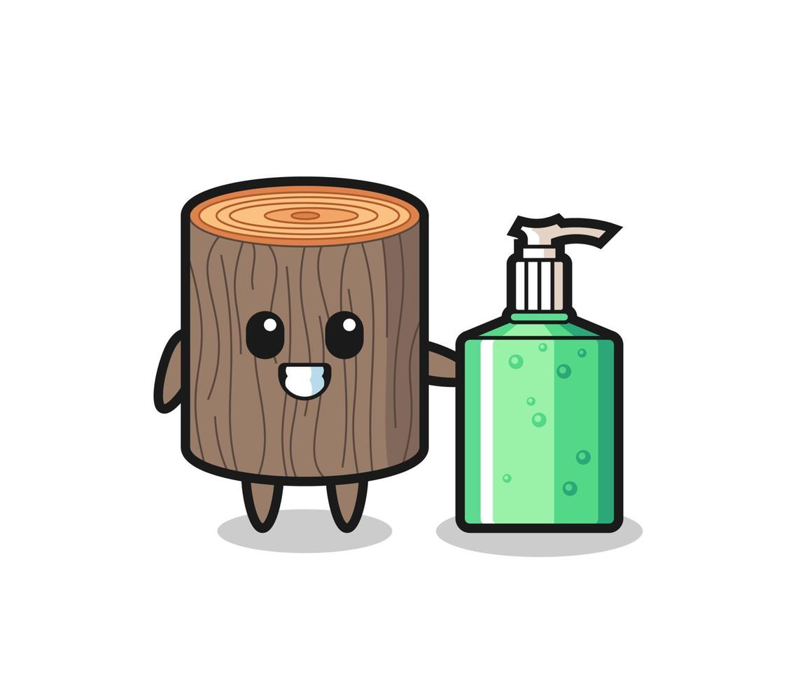 cute tree stump cartoon with hand sanitizer vector