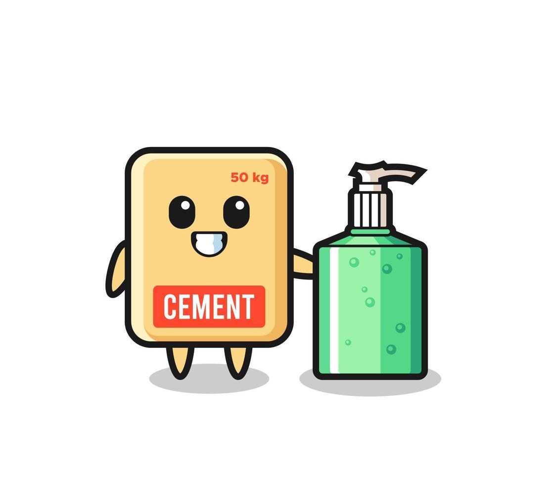 cute cement sack cartoon with hand sanitizer vector