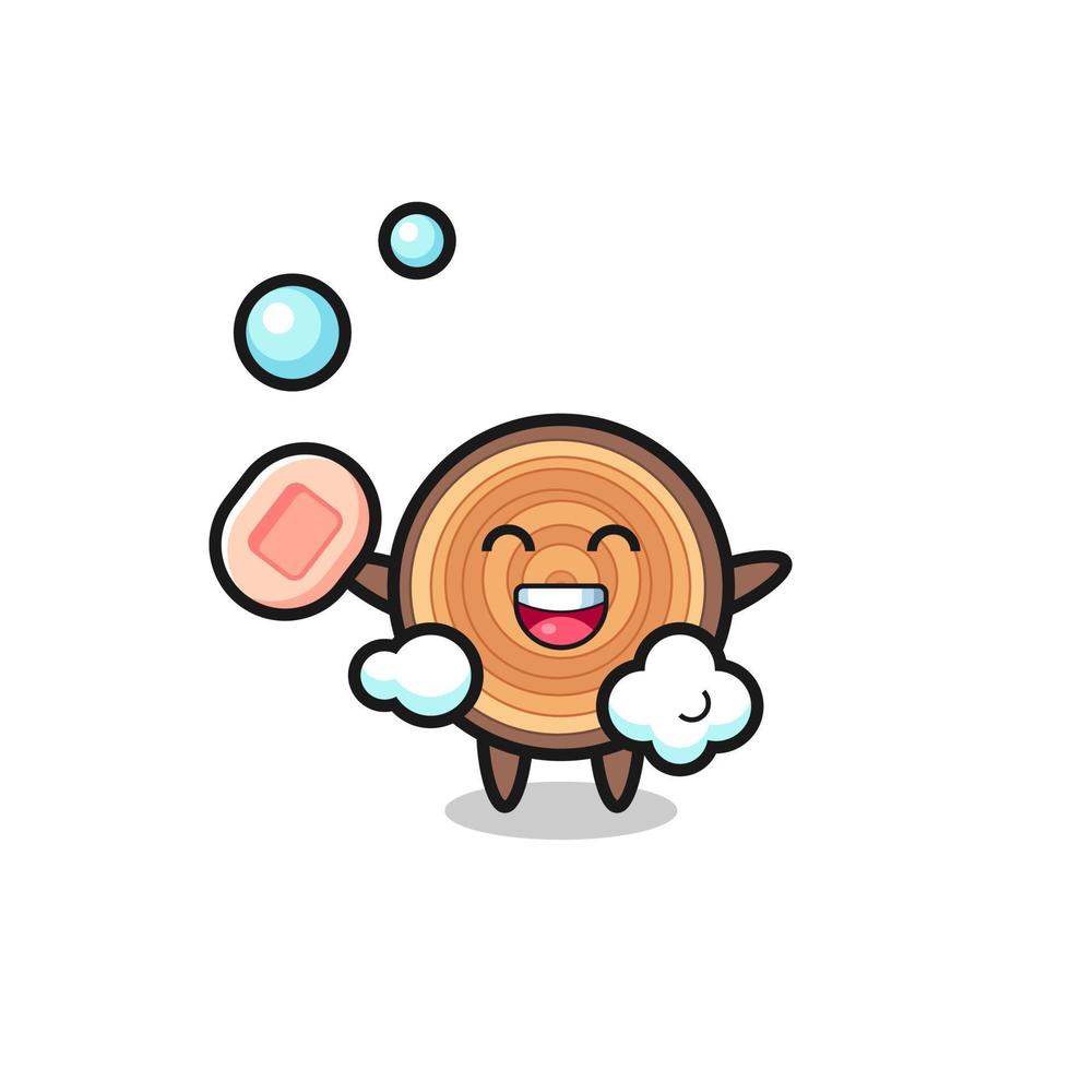 wood grain character is bathing while holding soap vector