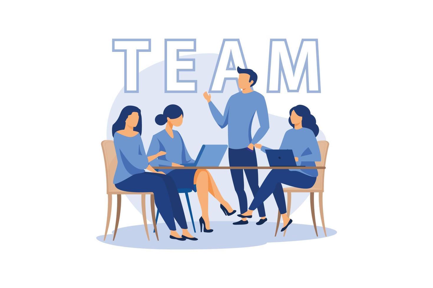 Vector creative illustration of business team. People and team word lettering typography on blue background. Office staff teamwork. Stylish design of word team for business theme