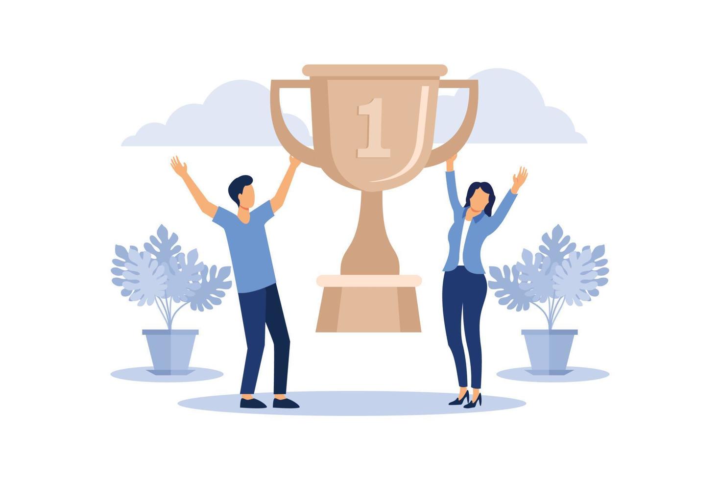 Successful Businessman with Prize. Business Success Teamwork Concept. Manager with Winning Trophy Cup. Leader Man and Woman Celebrating Victory. Vector illustration